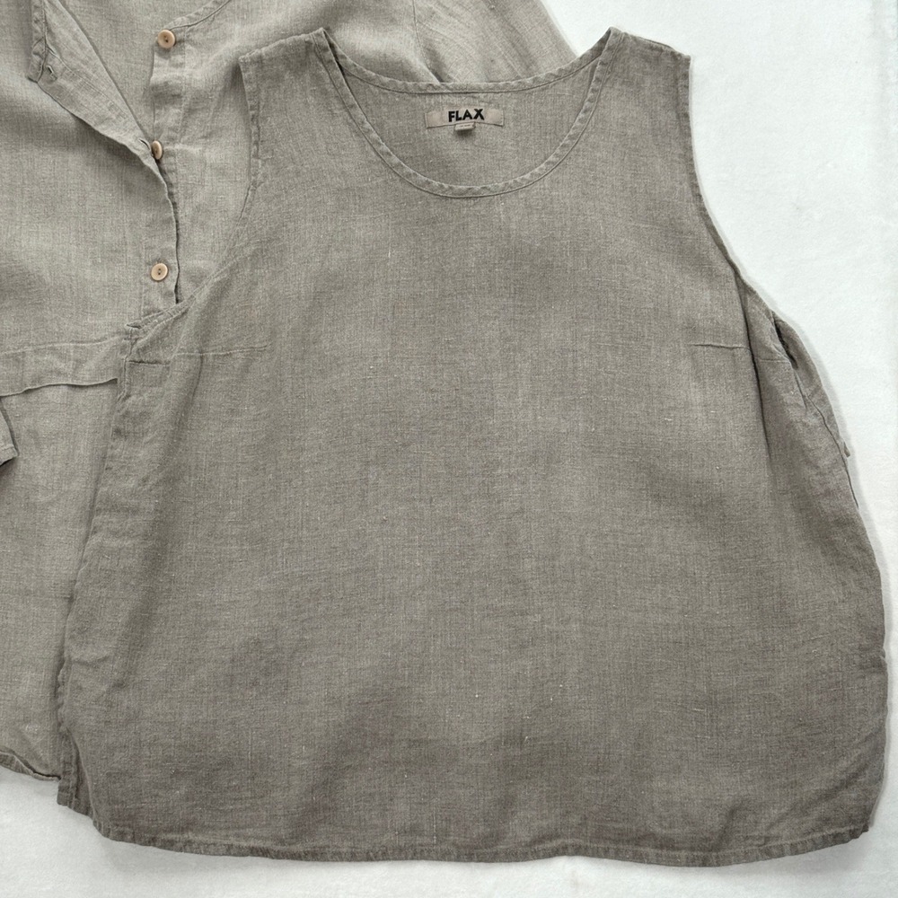FLAX 100% Linen 2 Piece Set Cardigan and Tank Top Oatmeal Womens 1G Lagenlook - Picture 2 of 12